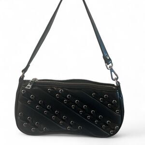 JW PEI Black Leather Eva Shoulder Bag Criss Cross Tie Up Silver Handbag